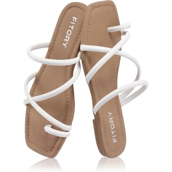 Women's White Soft Flat Toe Ring Style Thongs Cross Strap Slide Sandal Shoes - Picture 4 of 6